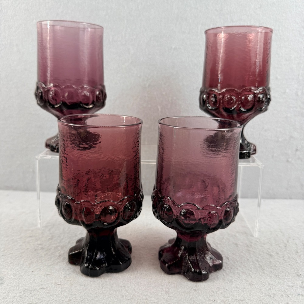 VTG Tiffin Madeira Plum Amethyst Glass Wine Goblets 5.5" MCM UV Glow Set of 4 - Picture 15 of 15